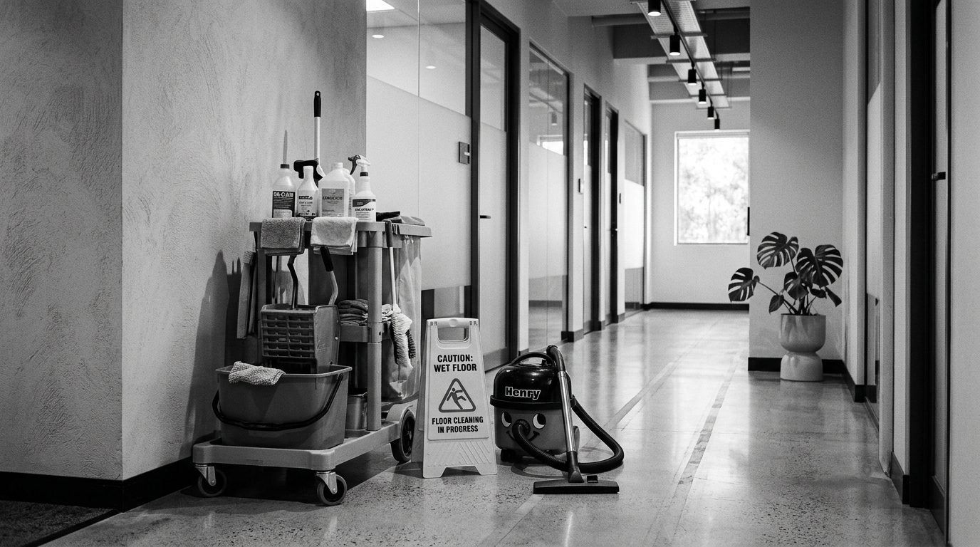 Reinigungswagen, Warnschild „Wet Floor“ und Staubsauger in einem frisch gewischten Büroflur
